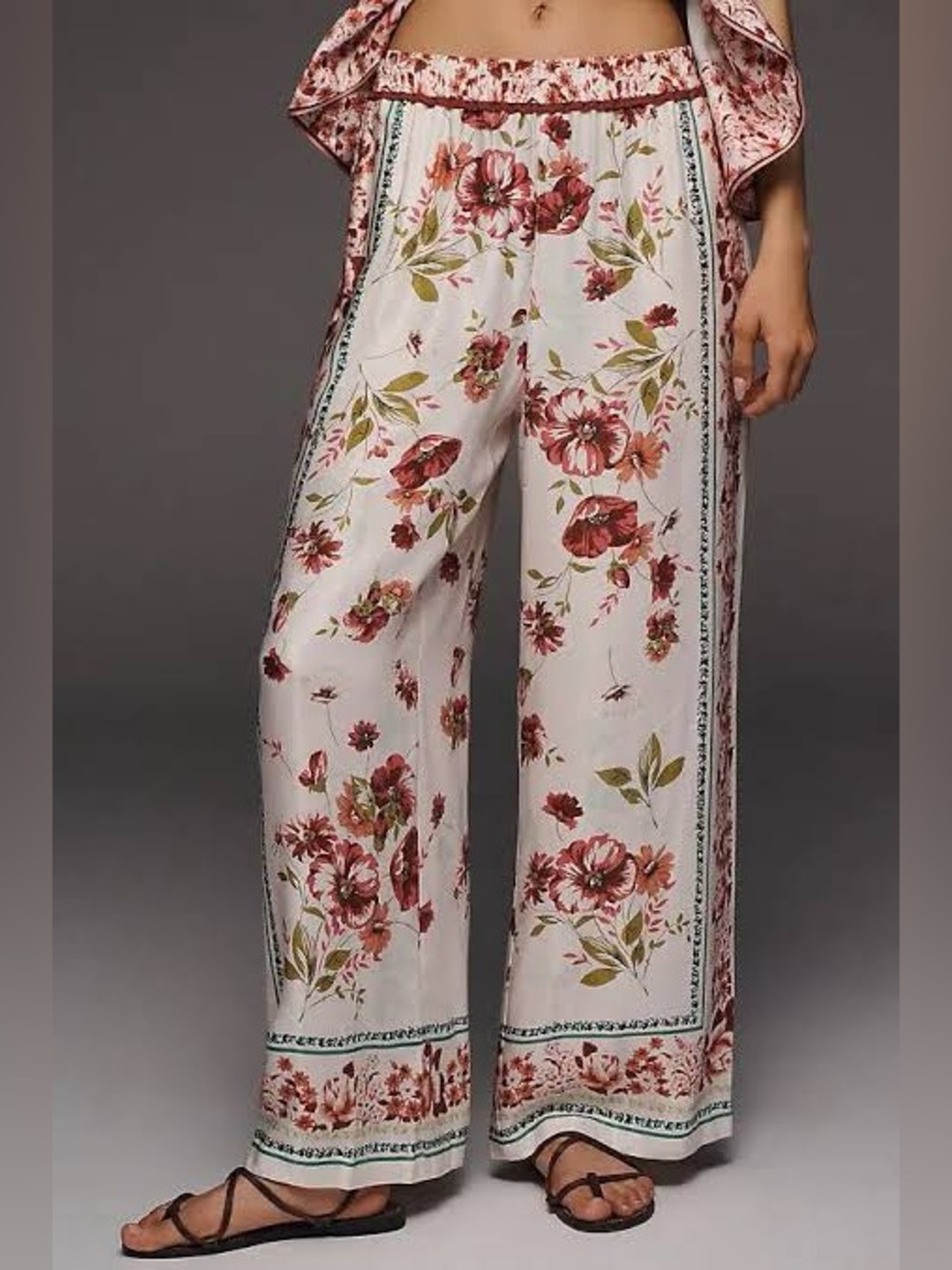 Anthropologie the Maeve Brooklin Wide Leg Track Pants in Ivory Floral Sz M
